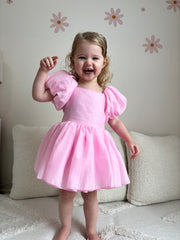 Lucy Puff Sleeve Candy Pink Baby Dress - A Little Lacey