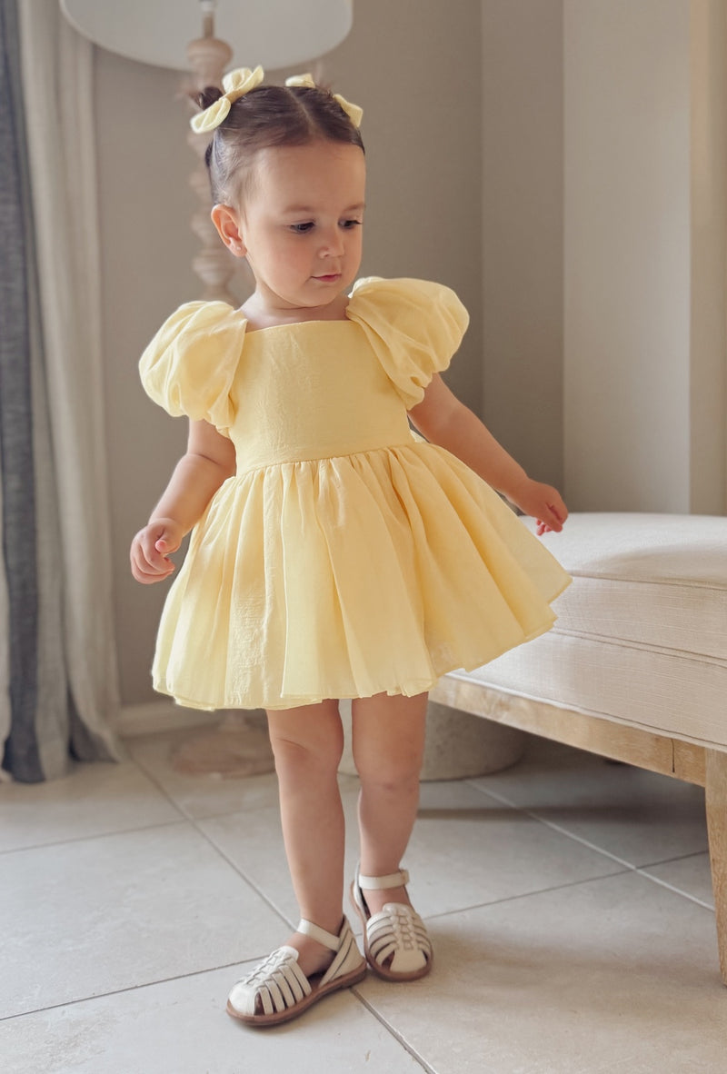 Lucy Puff Sleeve Yellow Baby Dress - A Little Lacey