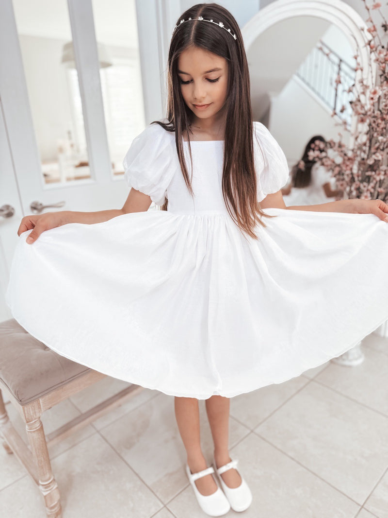 Lucy Girls Knee Length White Dress - A Little Lacey