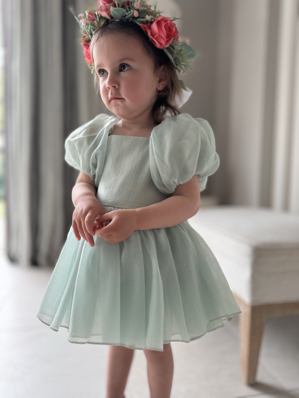 Lucy Puff Sleeve Sage Green Baby Romper