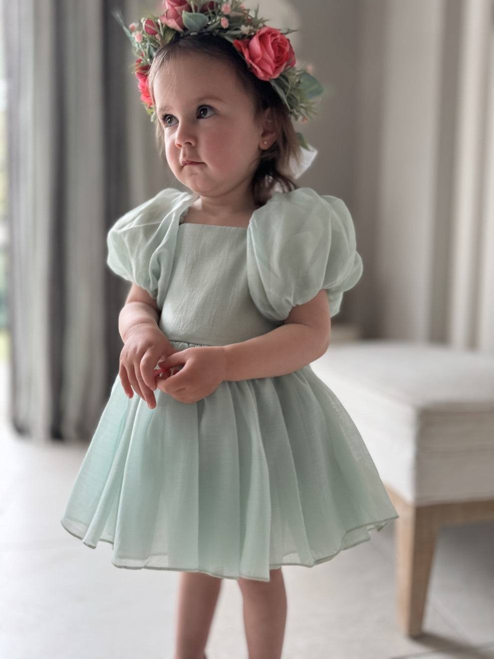 Lucy Puff Sleeve Sage Green Baby Romper - A Little Lacey · Photo 8 of 8