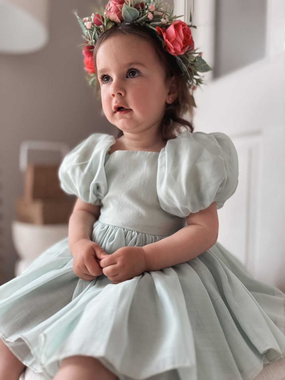 Lucy Puff Sleeve Sage Green Baby Romper