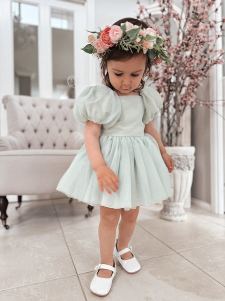 Lucy Puff Sleeve Sage Green Baby Romper – A Little Lacey