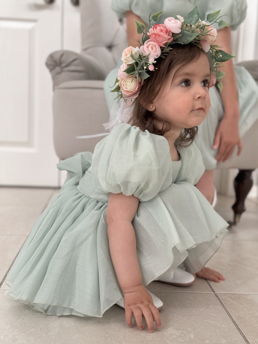 Lucy Puff Sleeve Sage Green Baby Romper