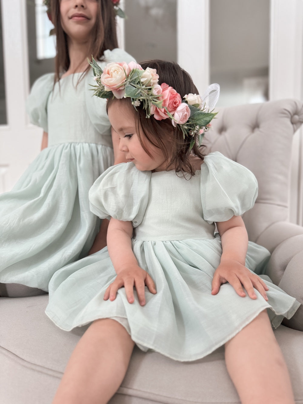 Lucy Puff Sleeve Sage Green Baby Romper