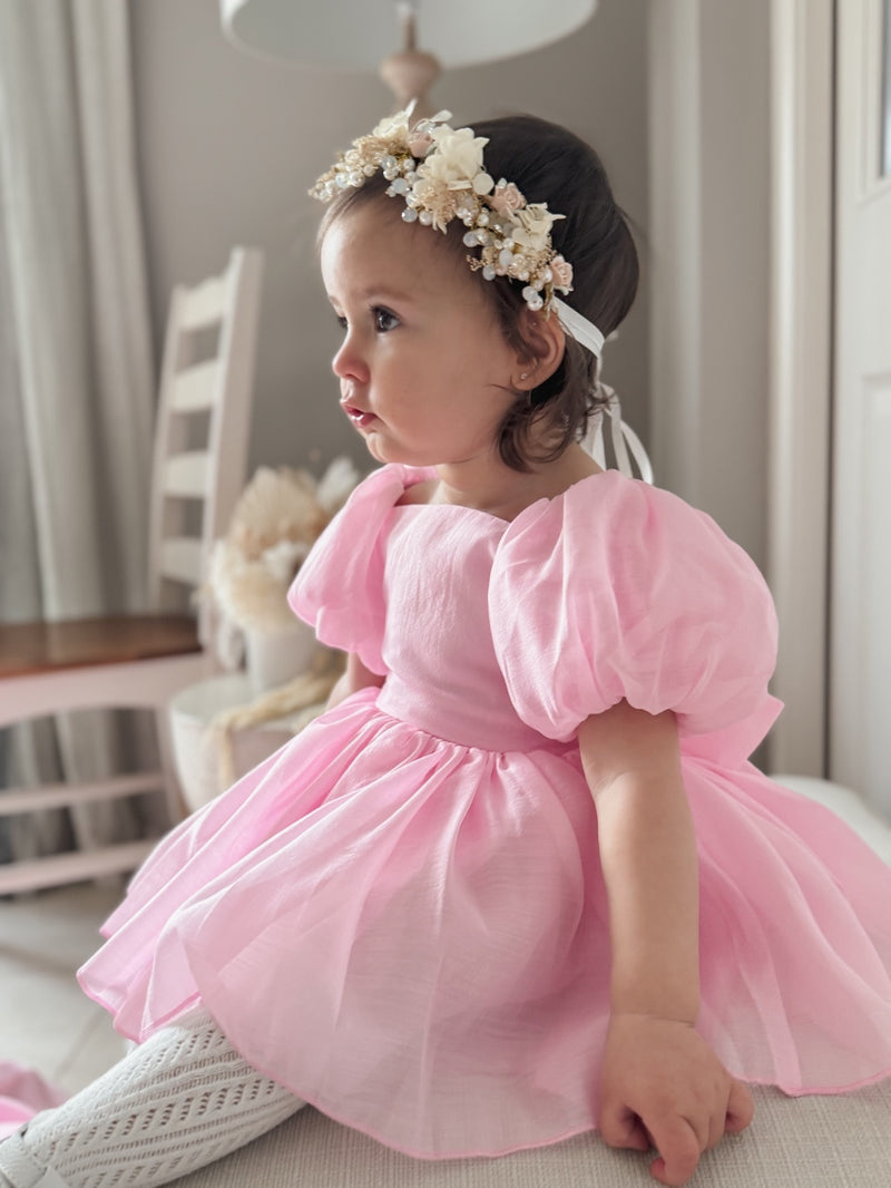 Lucy Puff Sleeve Candy Pink Baby Dress - A Little Lacey