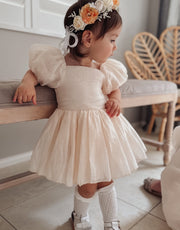 Lucy Puff Sleeve Champagne Baby Dress - A Little Lacey