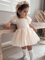 Lucy Puff Sleeve Champagne Baby Dress - A Little Lacey