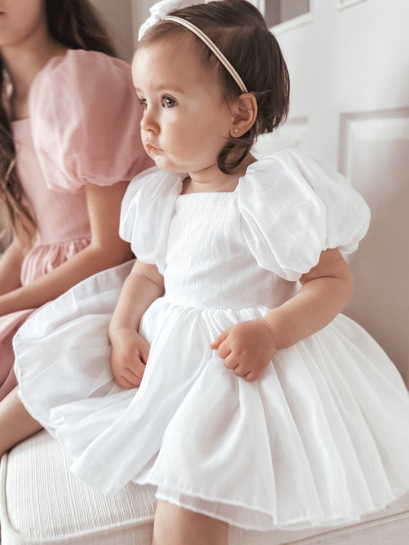 Lucy Puff Sleeve White Baby Dress - A Little Lacey