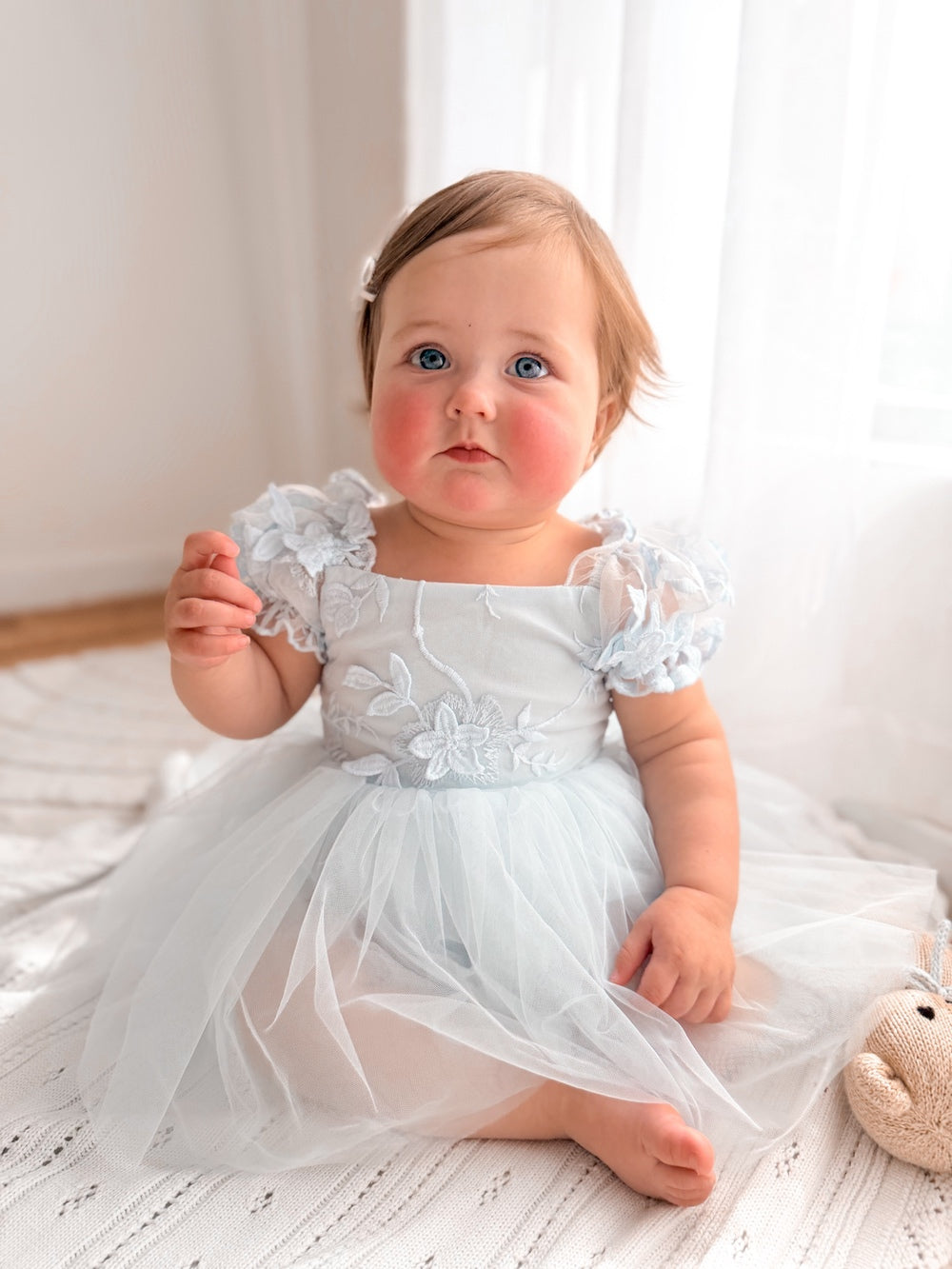 Lila dusty blue embroidered baby dress