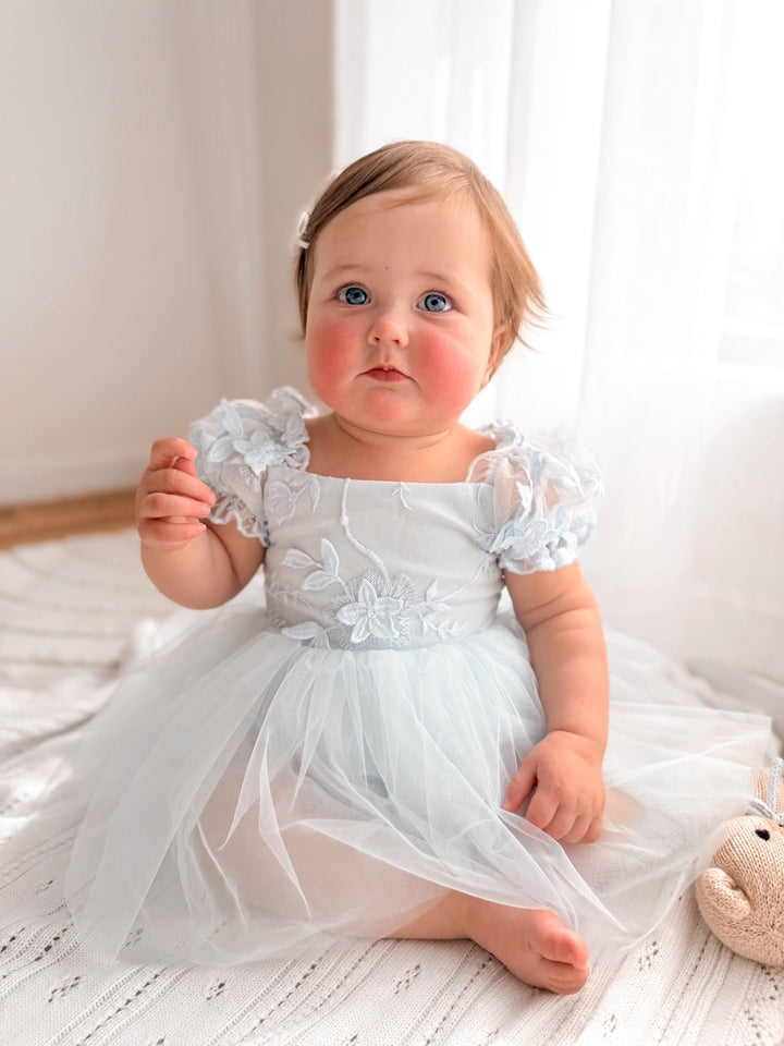 Lila dusty blue embroidered baby dress