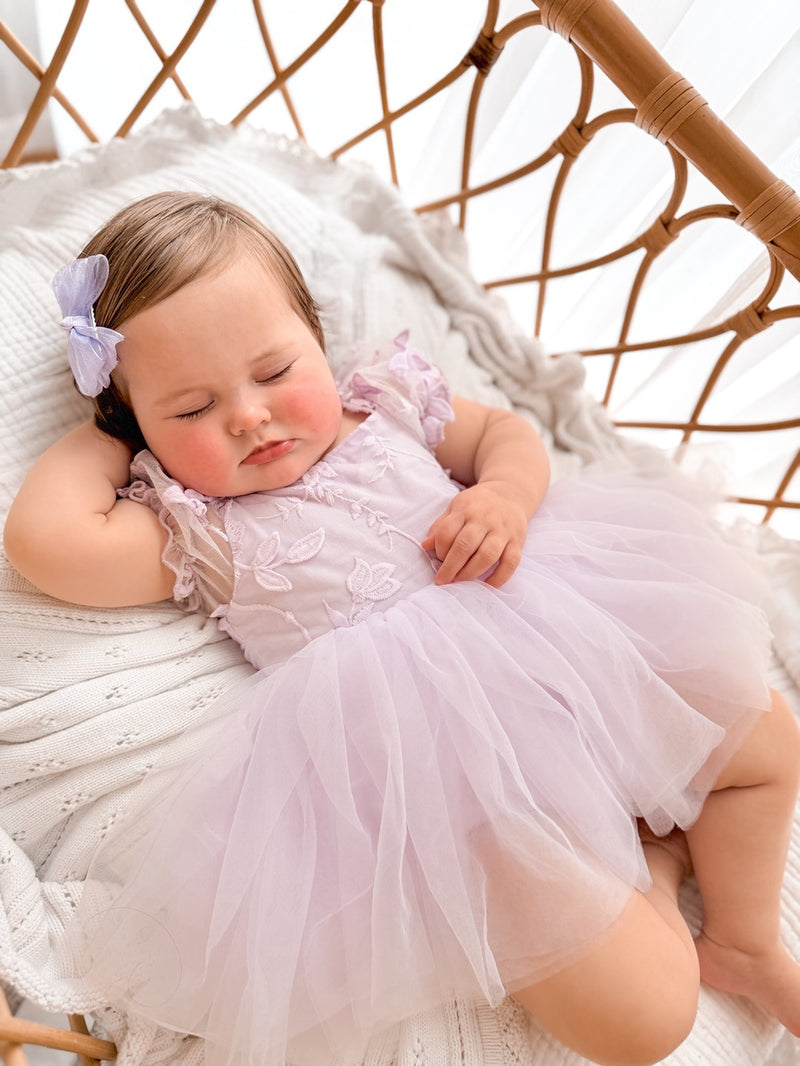 Lila Lilac Embroidered Baby Romper - A Little Lacey