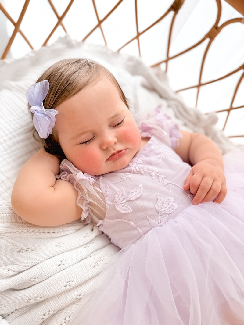 Lila Lilac Embroidered Baby Romper - A Little Lacey