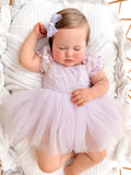 Lilac embroidered baby dress with ruffle sleeves and bow back