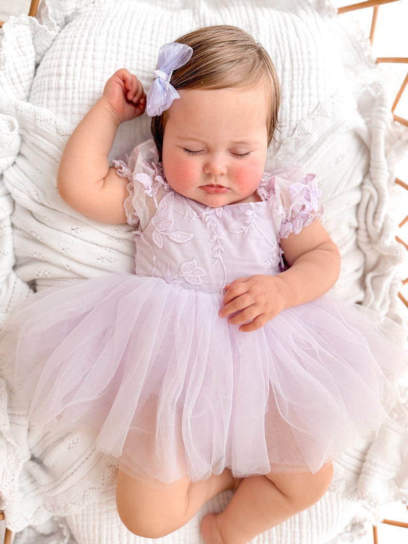 Lila Lilac Embroidered Baby Romper - A Little Lacey