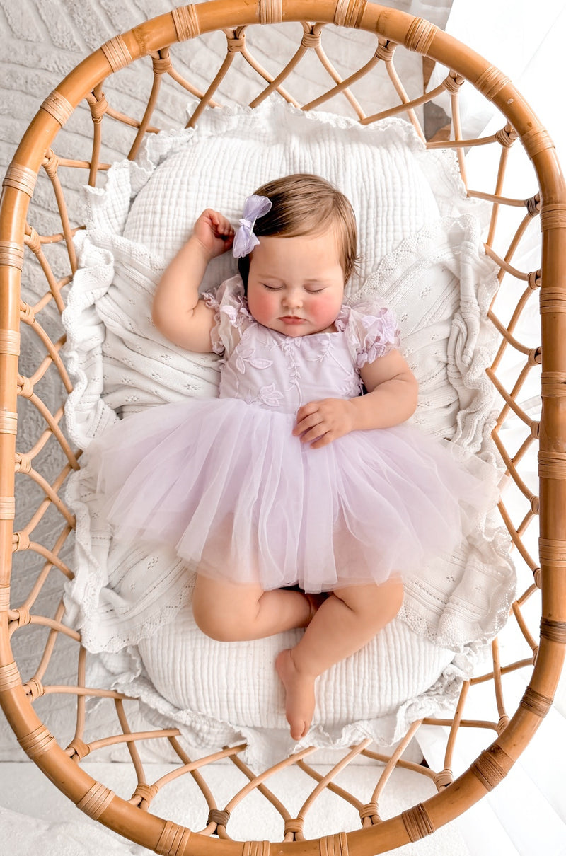 Lila Lilac Embroidered Baby Romper - A Little Lacey