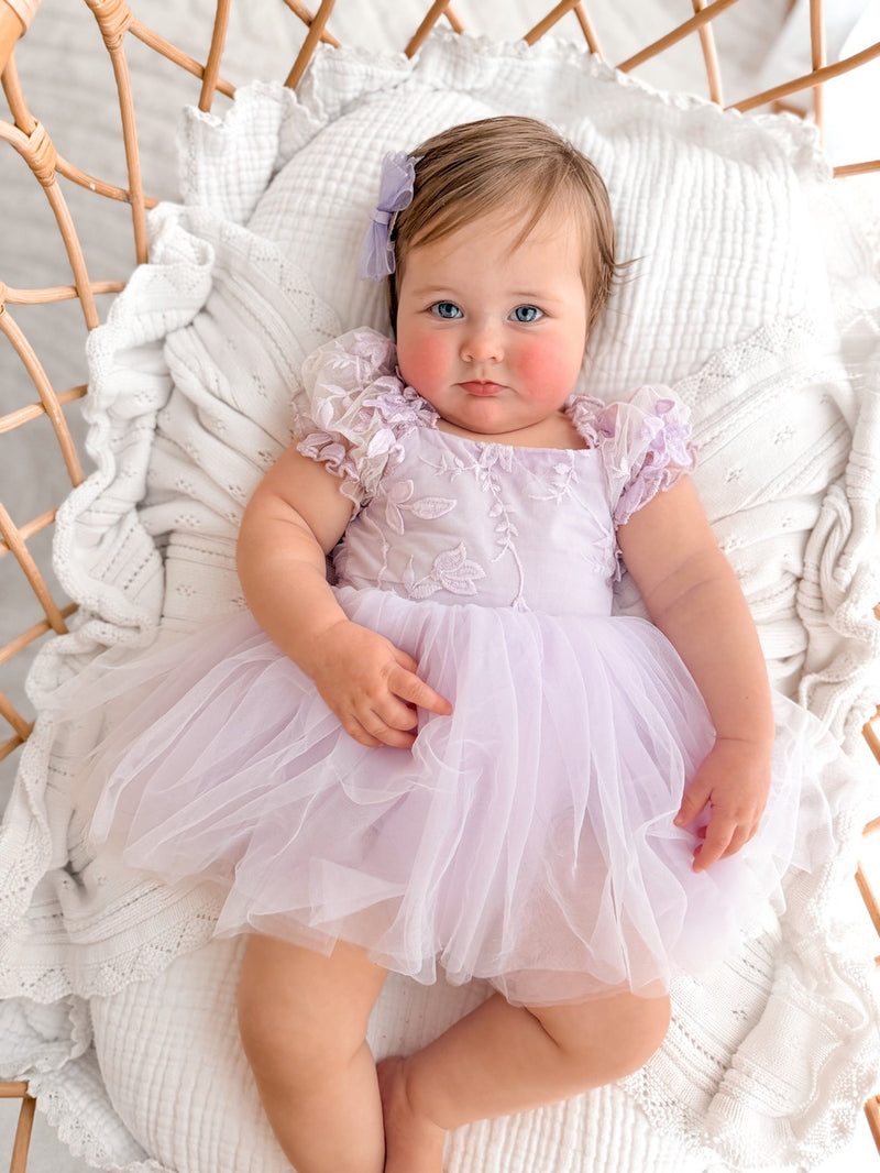 Lila Lilac Embroidered Baby Romper - A Little Lacey