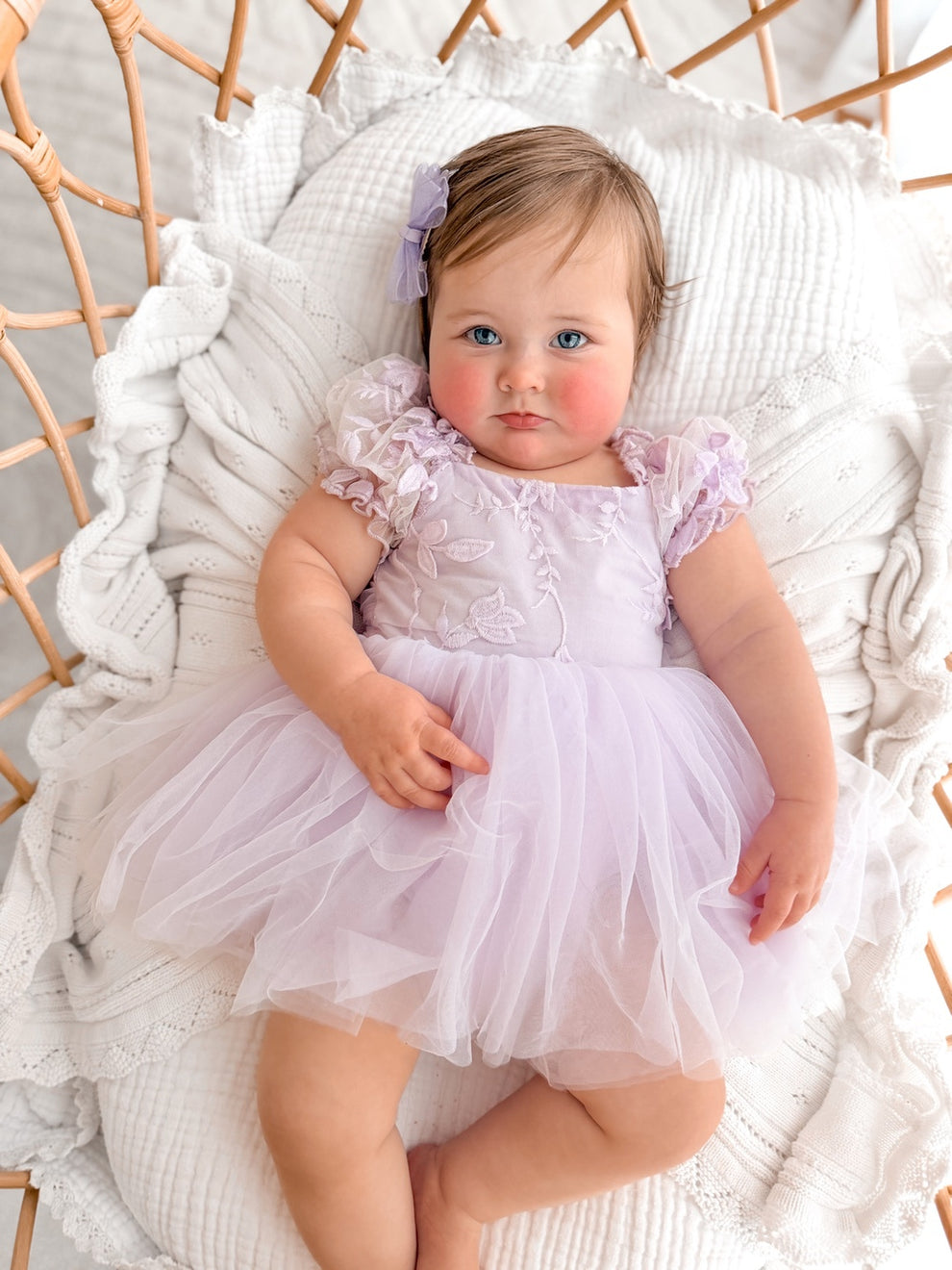 Soft lilac baby dress for weddings birthdays and special occasions
