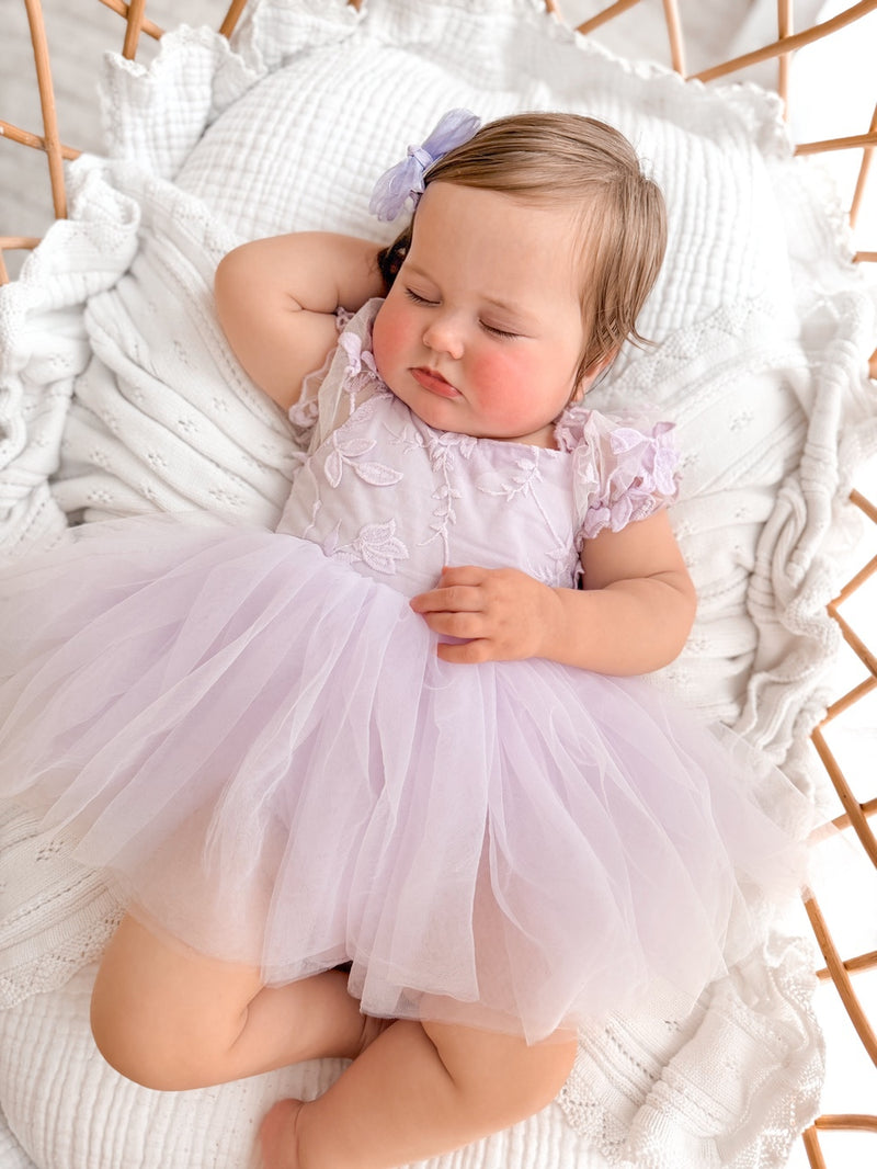 Lila Lilac Embroidered Baby Romper - A Little Lacey