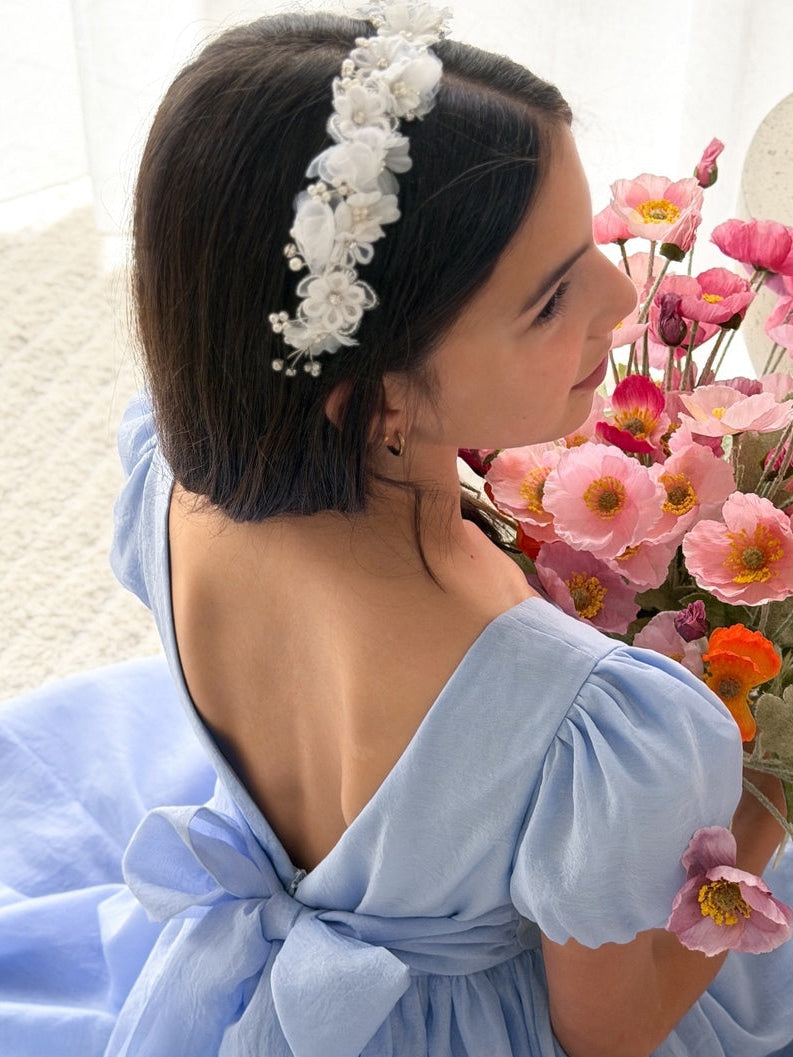 Lucia Blossom girls white floral headpiece with pearl details