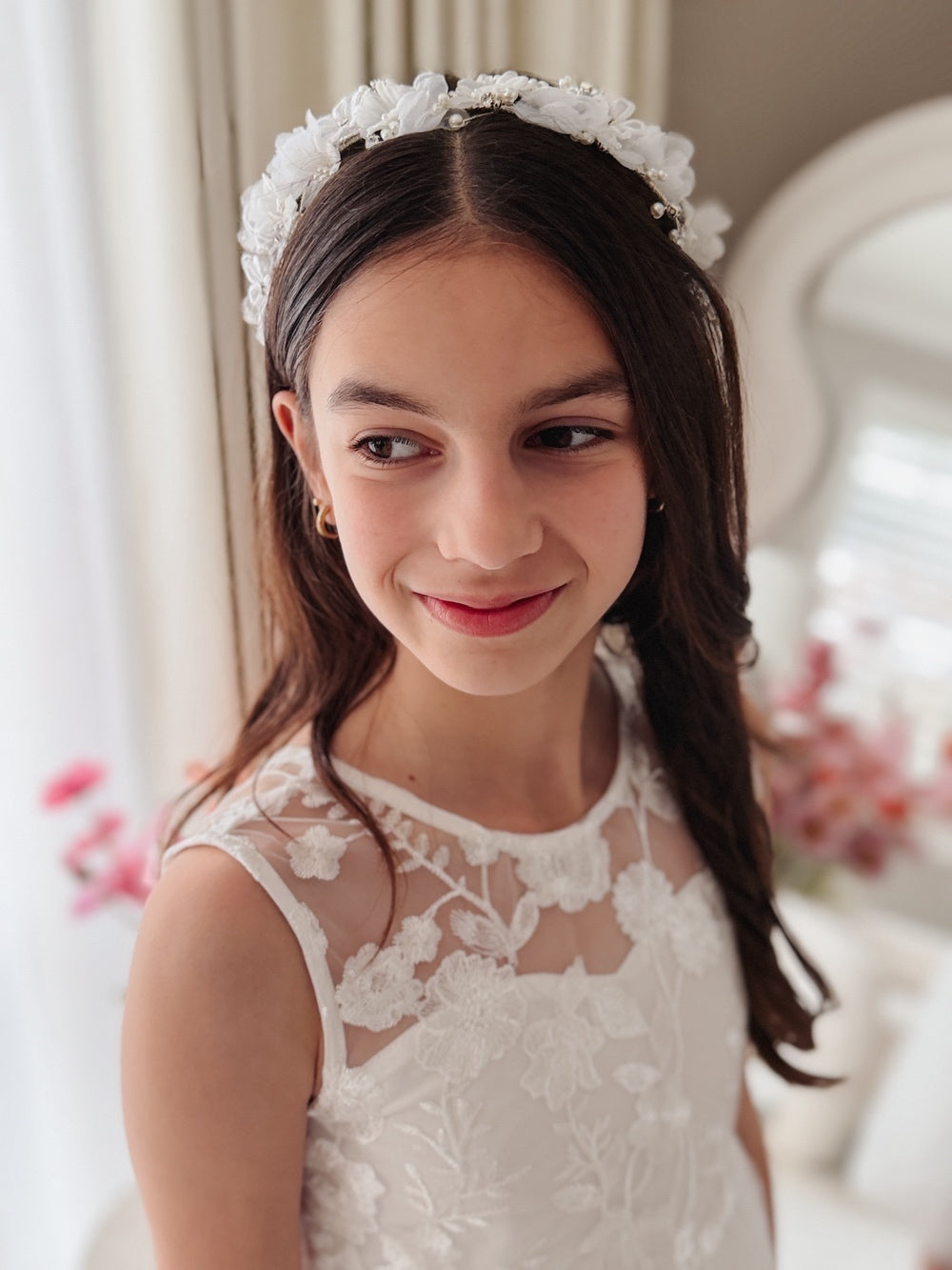 Girls white floral hairpiece for First Communion