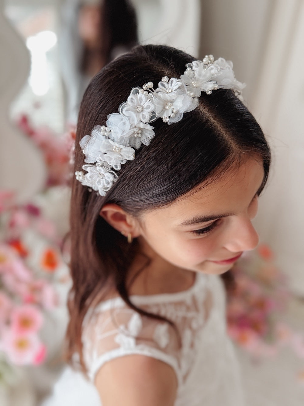 White flower girl headpiece with ribbon tie