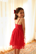 Lucia red embroidered girls dress, zip-up back and slim straps.