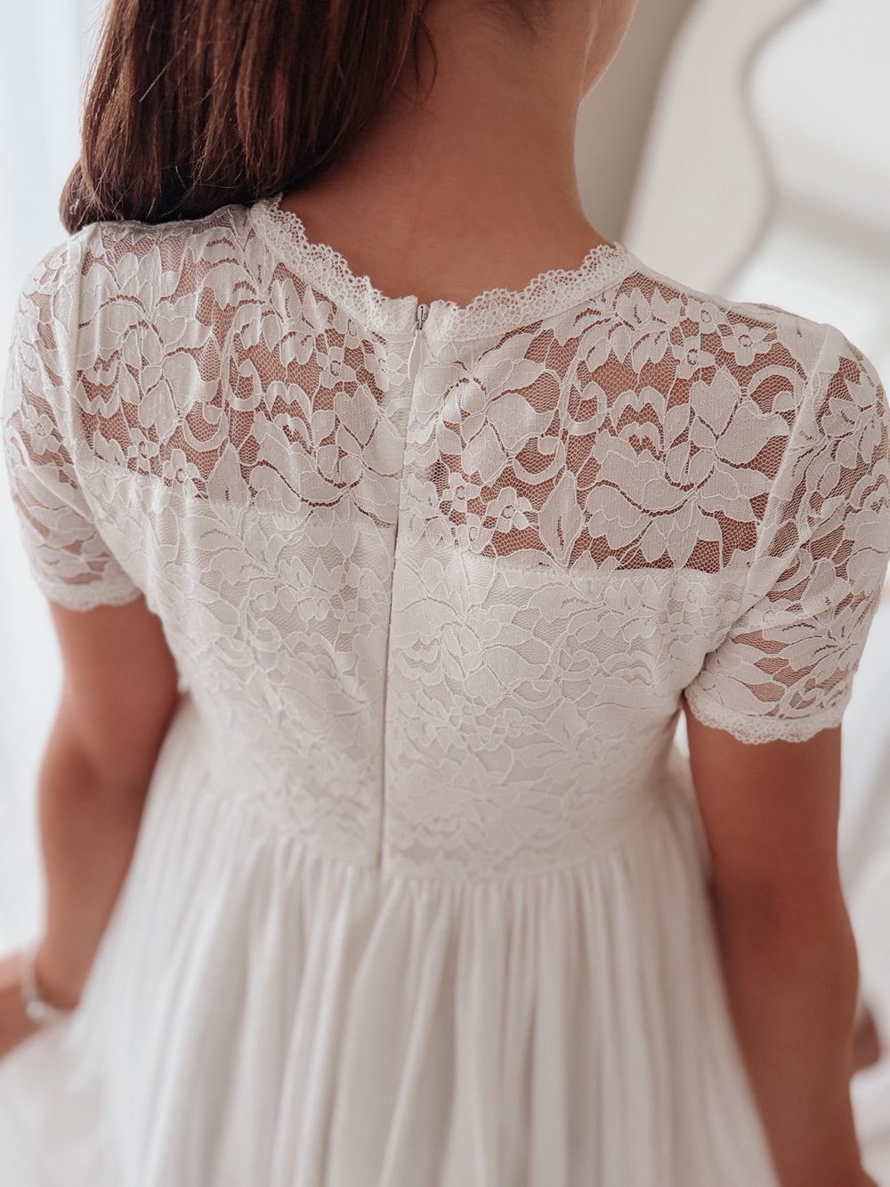 Long white communion dress for girls lace top chiffon skirt