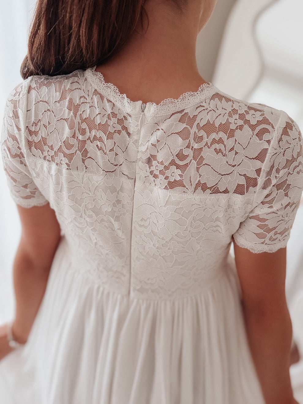 Long white communion dress for girls lace top chiffon skirt