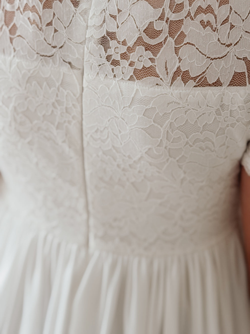 White lace bodice chiffon skirt girls dress close up