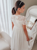 Flowing chiffon skirt long white communion dress for girls