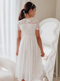 Classic long white lace and chiffon communion dress for girls