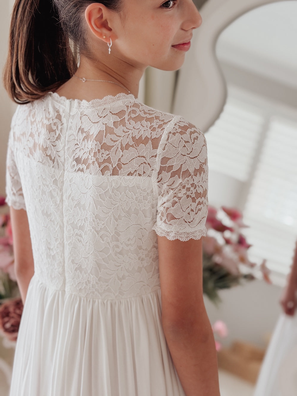 Lucille girls white lace dress with soft flowing skirt
