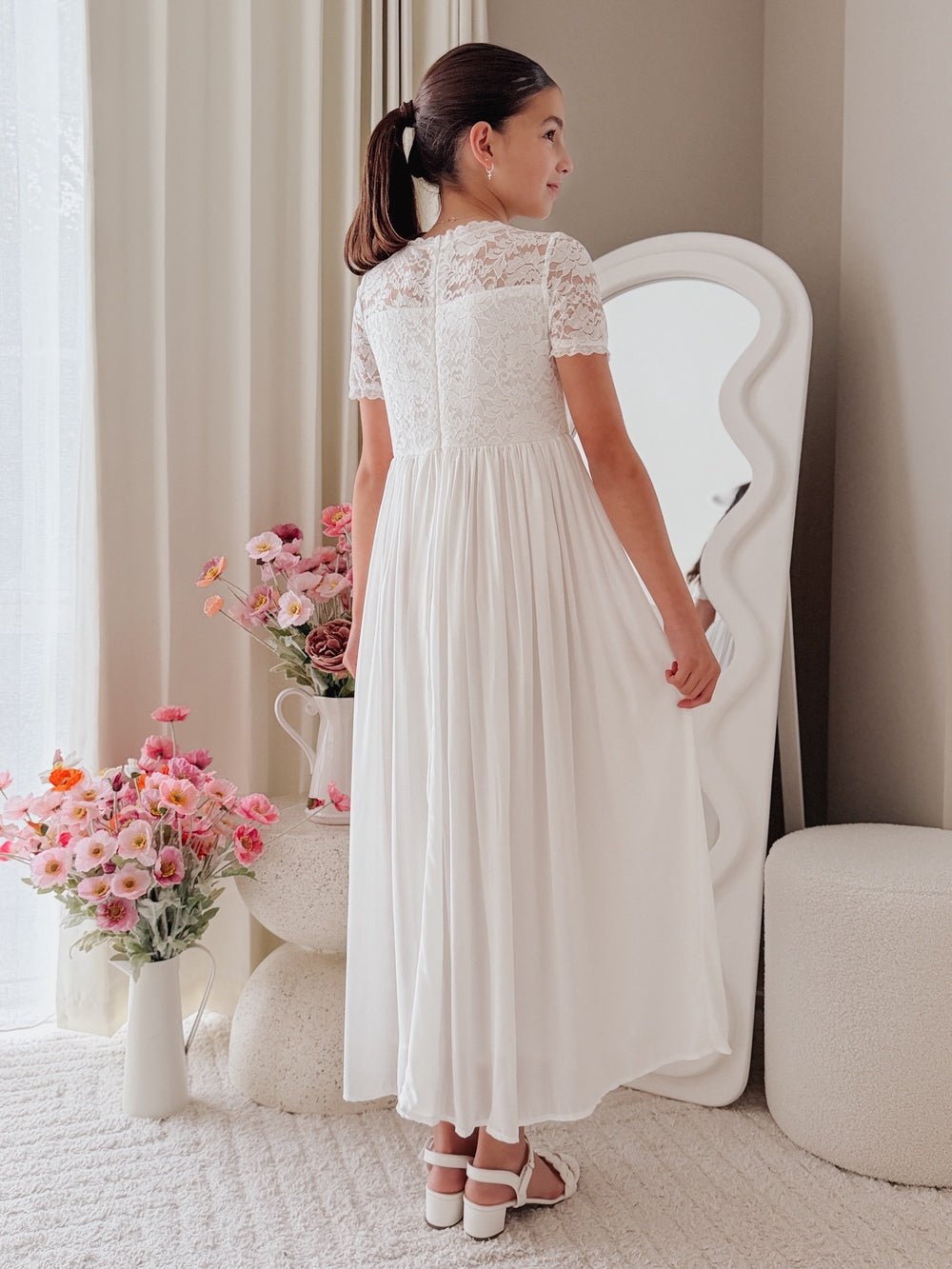 Girls wedding guest and flower girl dress in white lace