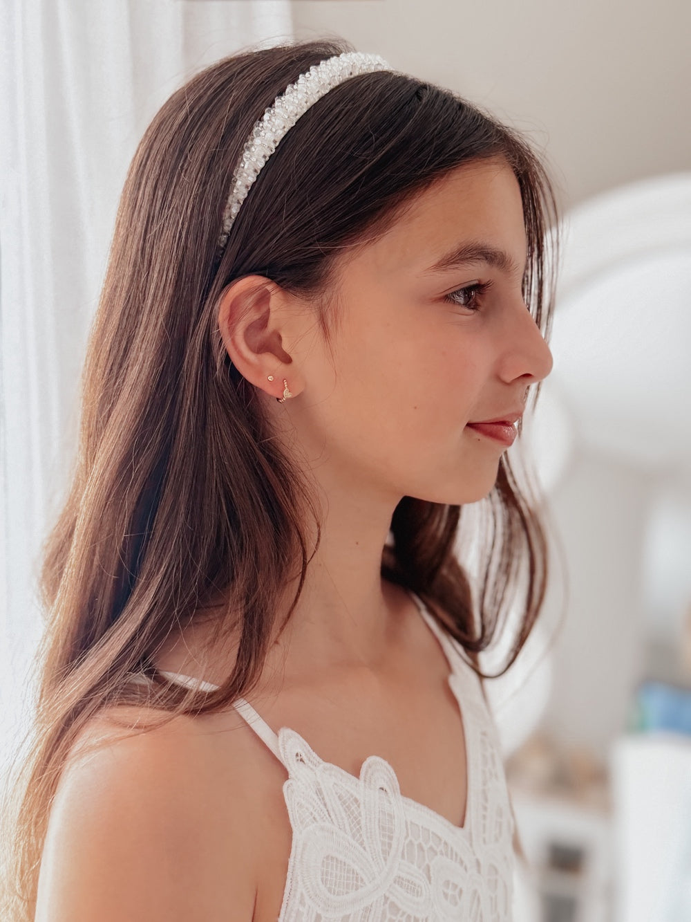 Girls white beaded headband for special occasions