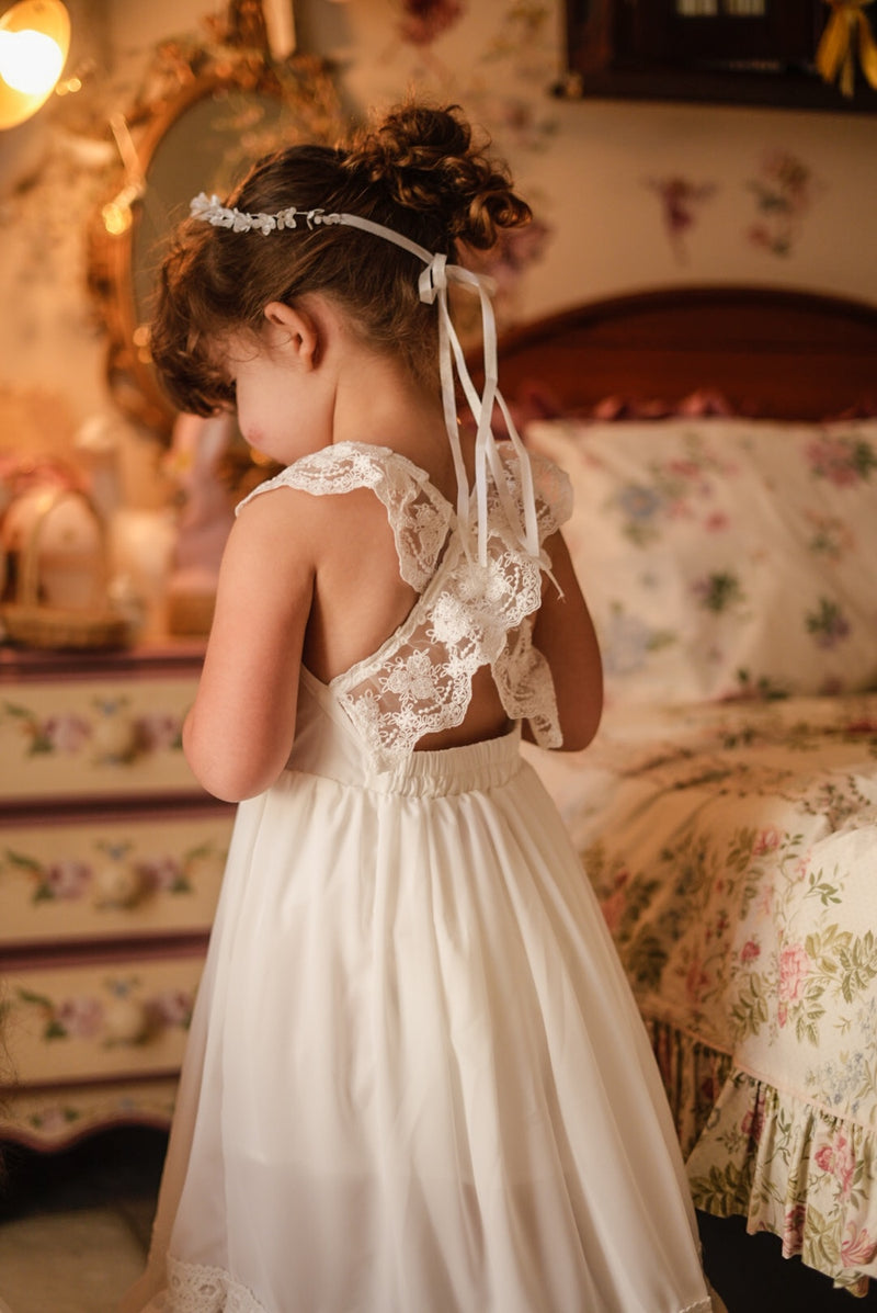 Gabriella French Chiffon White Girls Dress - A Little Lacey