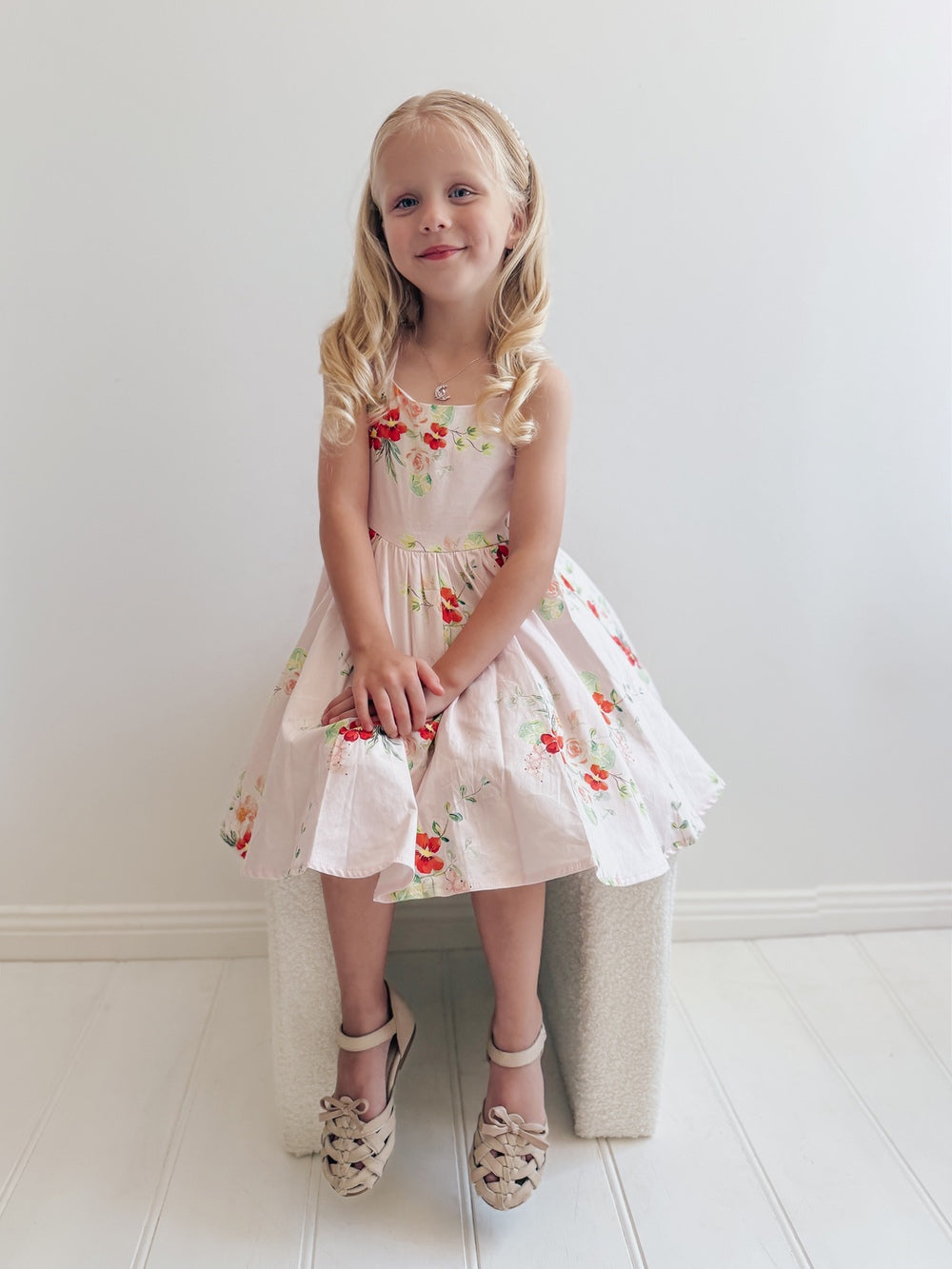Above-the-knee pink floral cotton girls dress for Christmas day