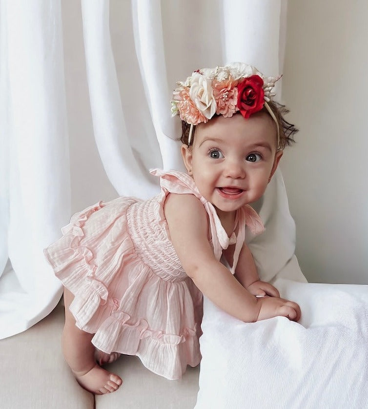 Maya Peach Muslin Baby Romper - Baby Dresses