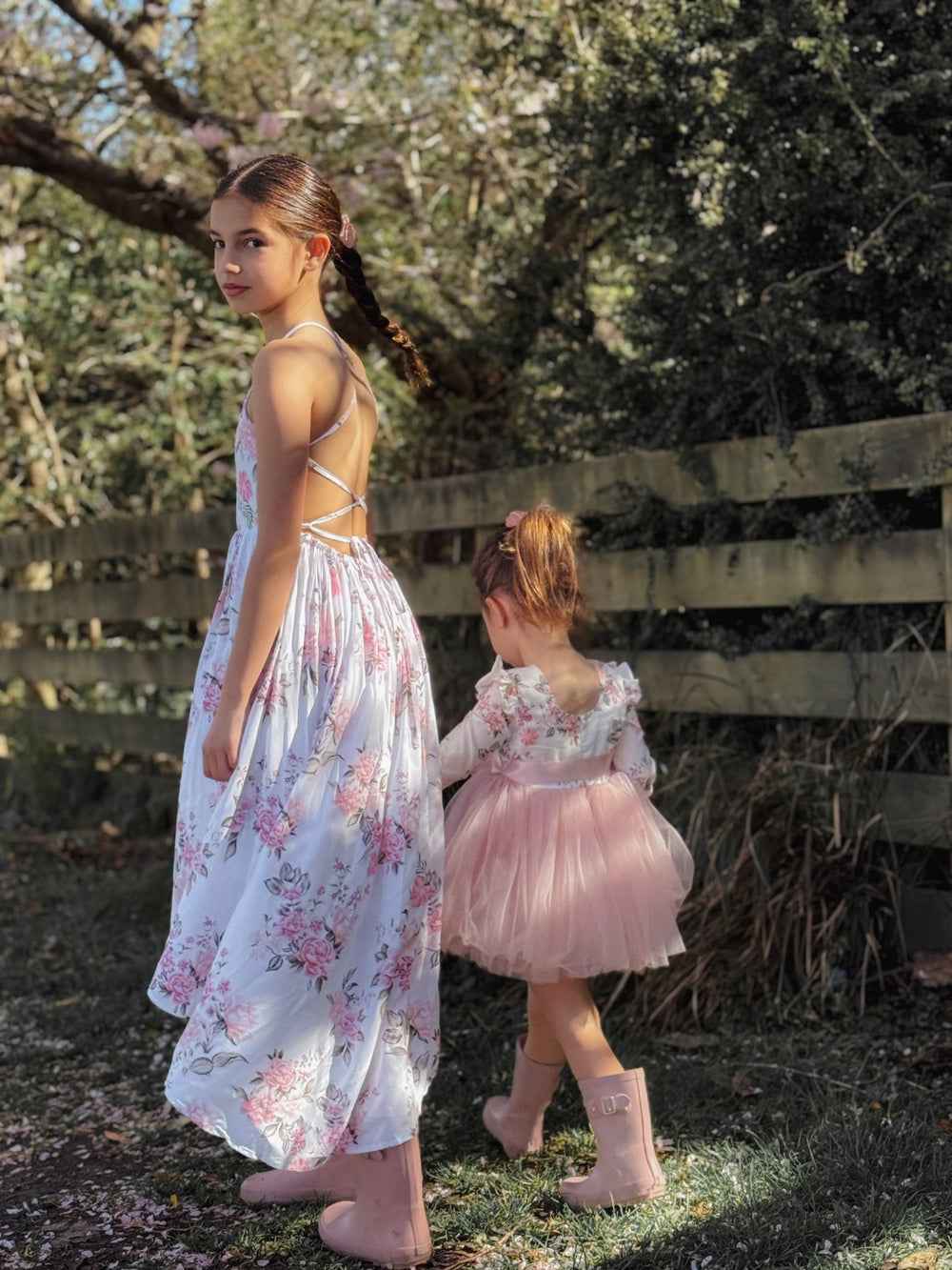 Floral print high‑low dress with back detail and flowy skirt