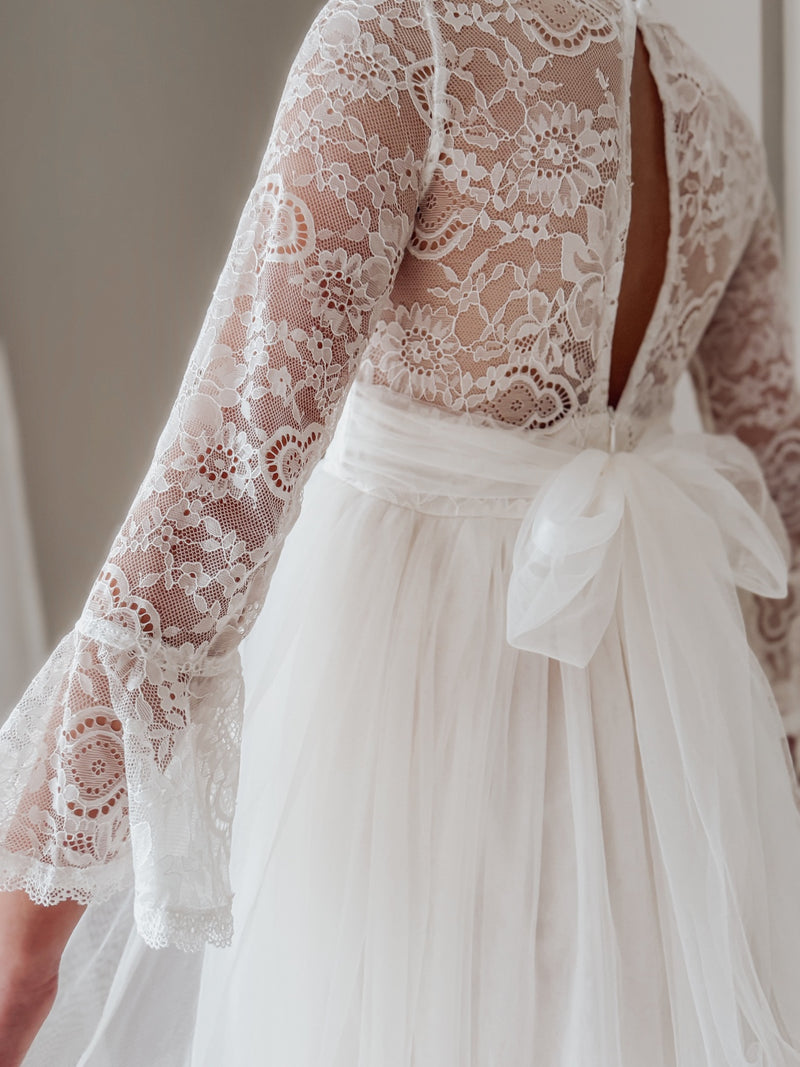 Melody Long Sleeve Girls Ivory Dress - A Little Lacey