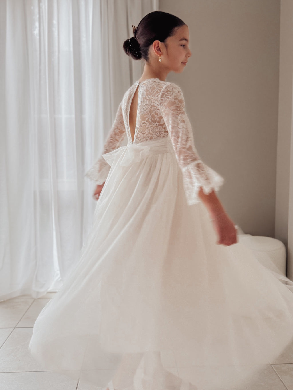Melody Long Sleeve Girls Ivory Dress - Flower Girl Dresses