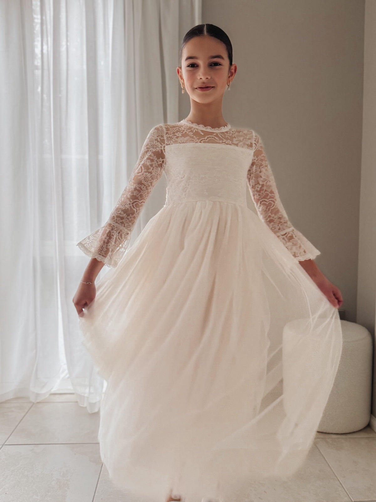 Melody Long Sleeve Girls Ivory Dress