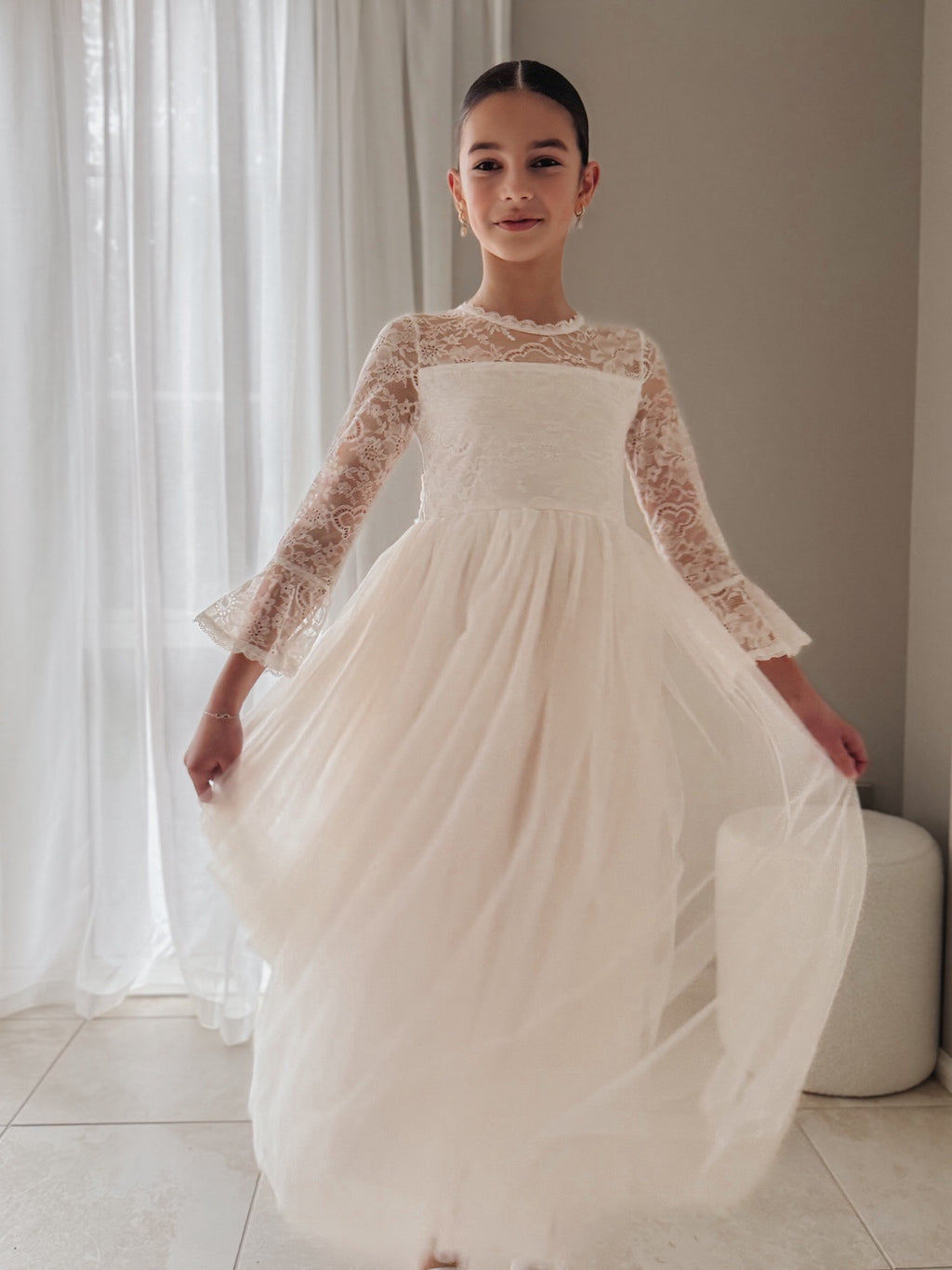 Melody Long Sleeve Girls Ivory Dress - Flower Girl Dresses