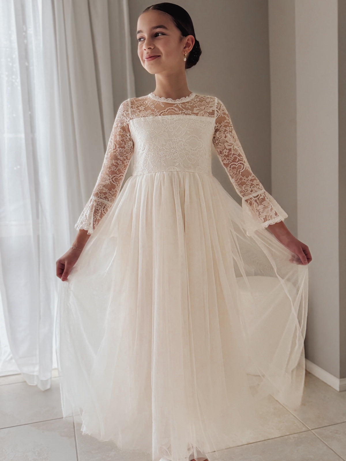 Melody Long Sleeve Girls Ivory Dress - A Little Lacey · Photo 4 of 14