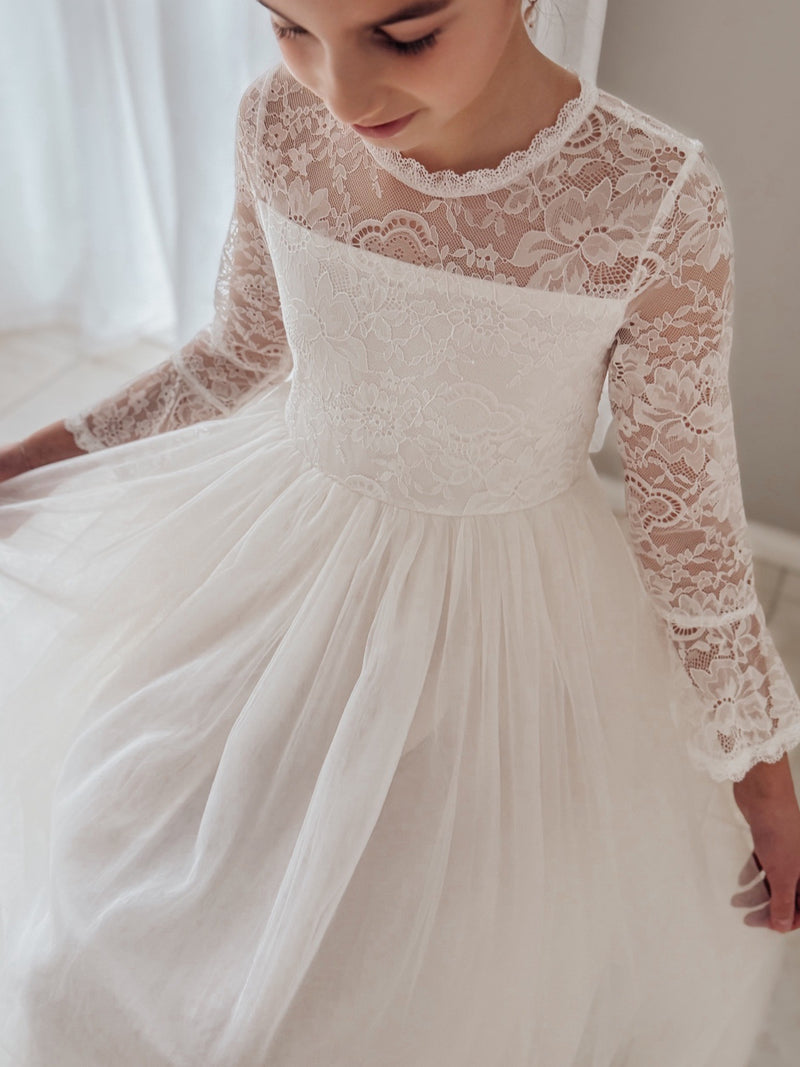 Melody Long Sleeve Girls Ivory Dress - A Little Lacey