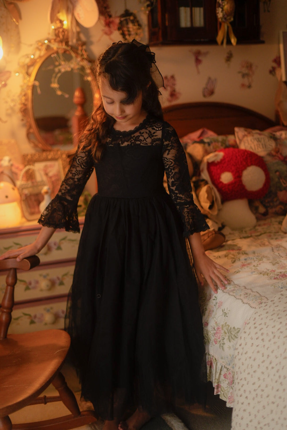 Melody Long Sleeve Girls Black Dress
