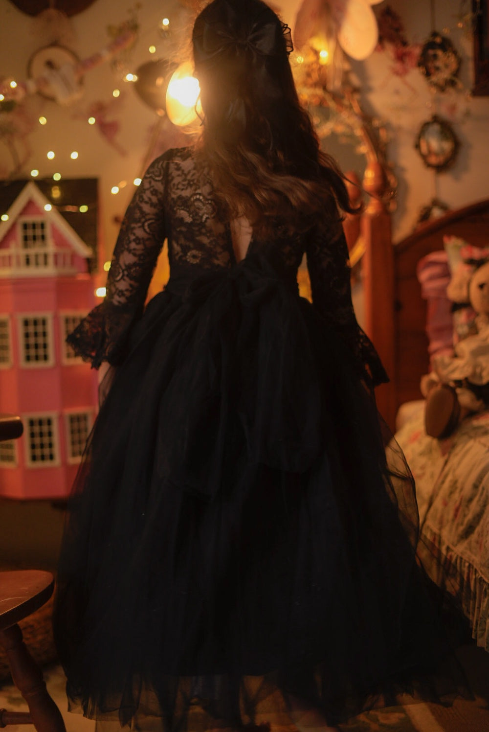 Melody Long Sleeve Girls Black Dress