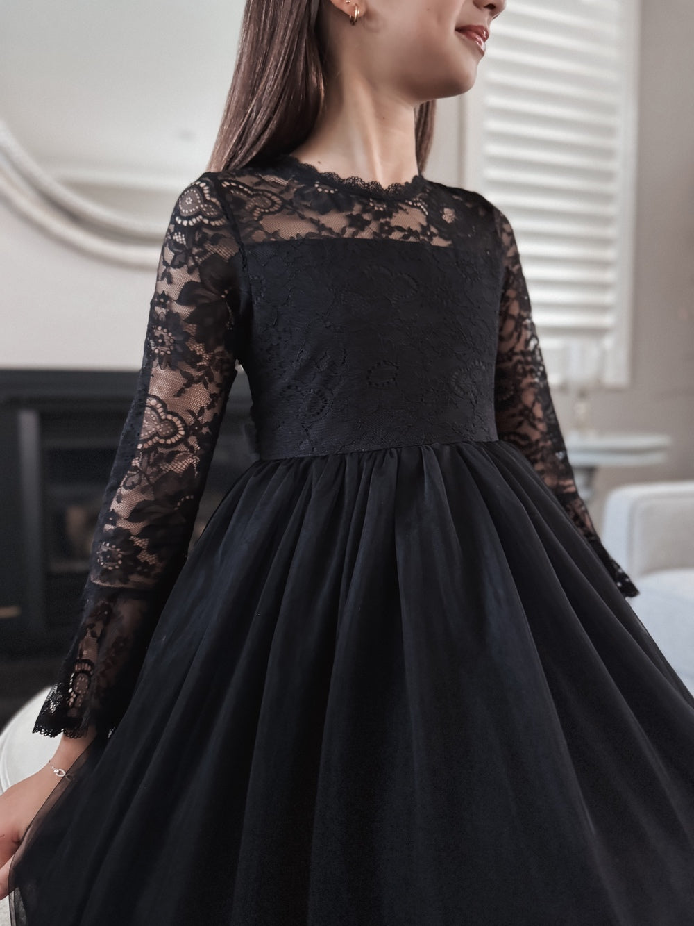 Melody Long Sleeve Girls Black Dress