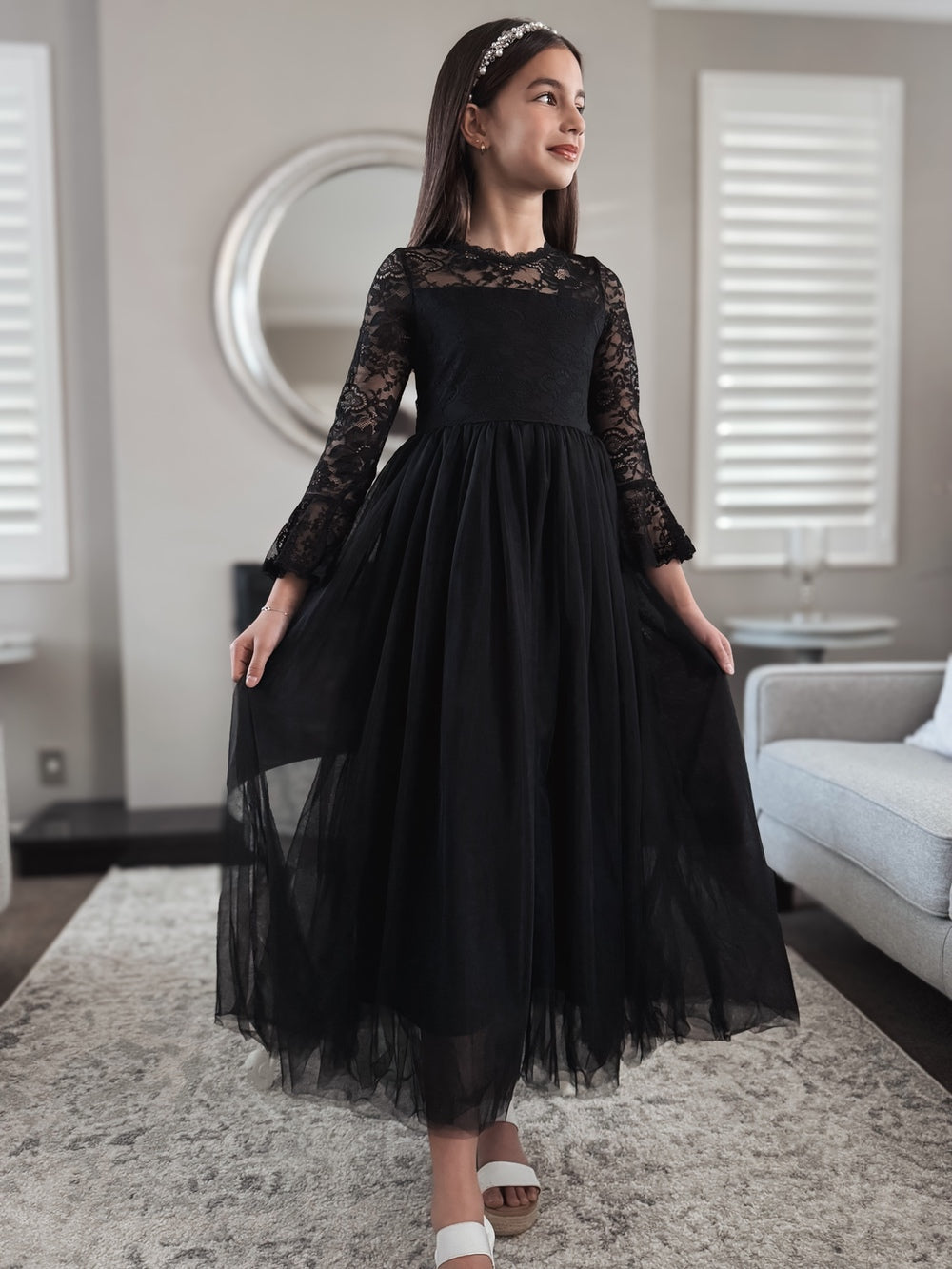 Melody Long Sleeve Girls Black Dress