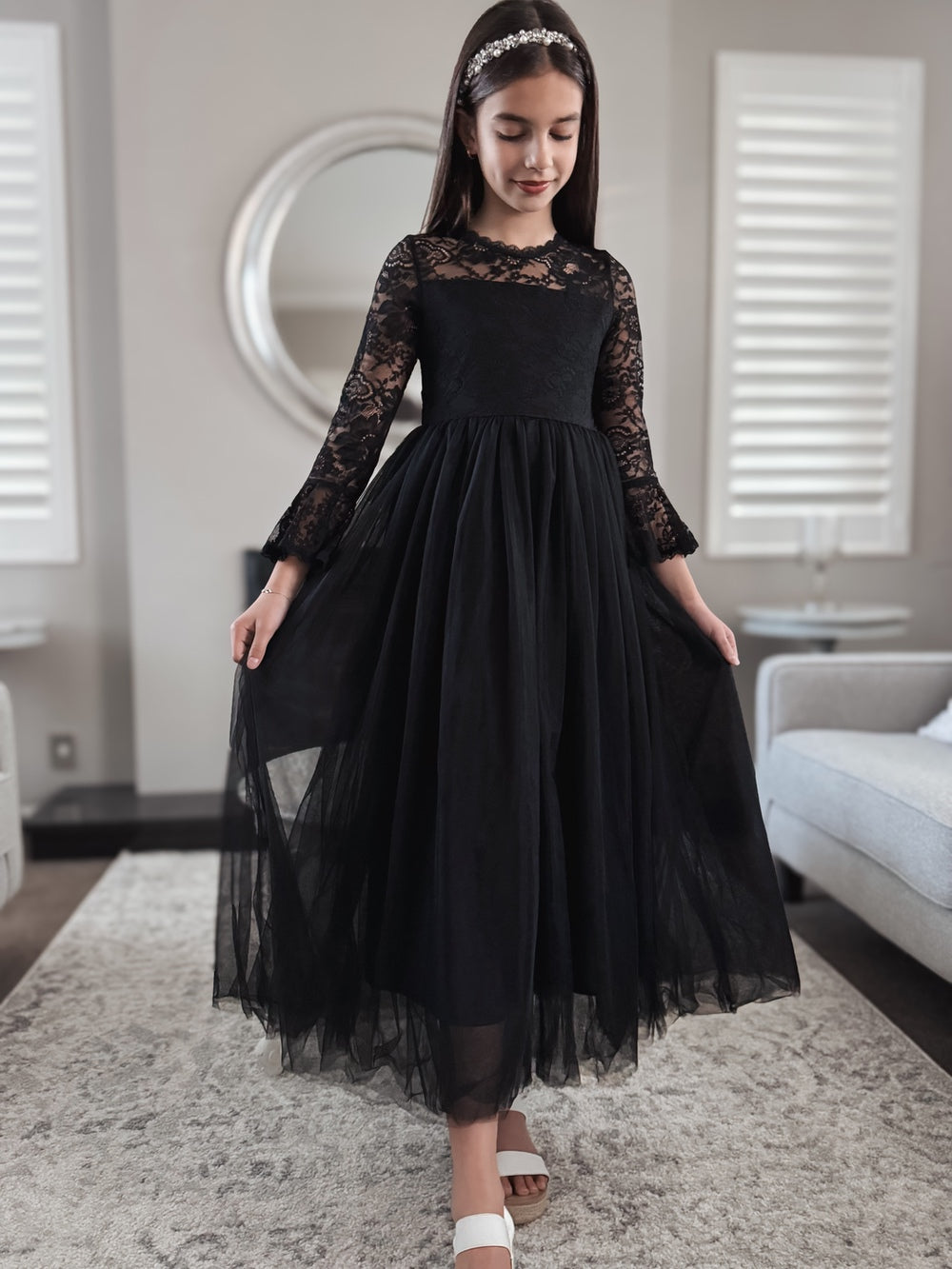 Melody Long Sleeve Girls Black Dress